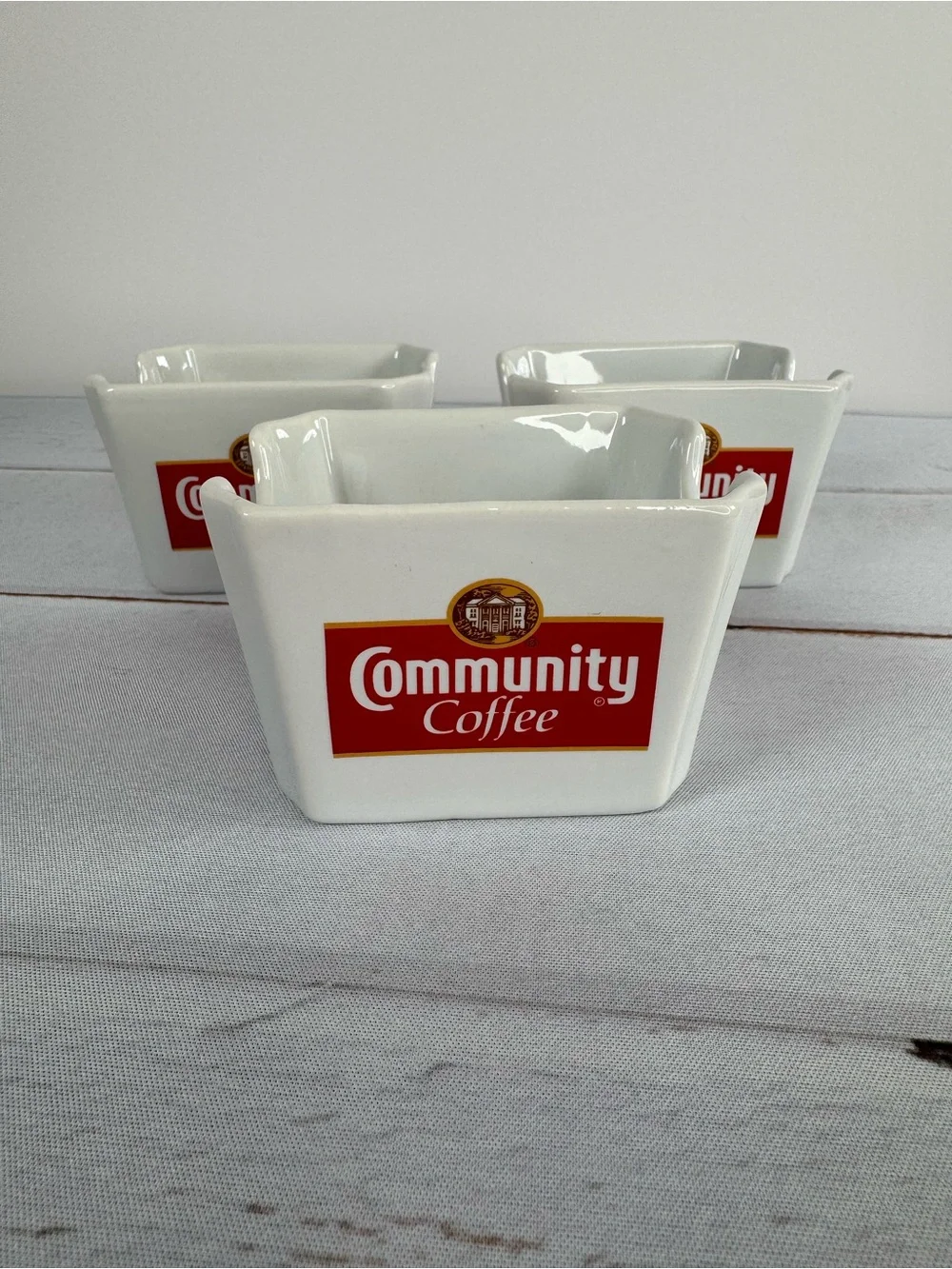 Vintage Community Coffee Ceramic Sugar Packet Caddy Set of 3 Advertising